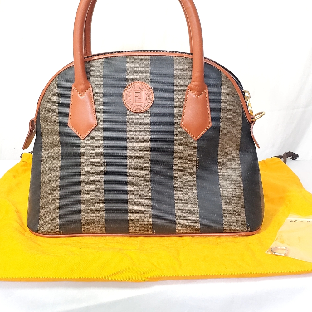 Fendi Black and Brown Striped Dome Satchel with Tan Leather Trim-PROJECT PIECE